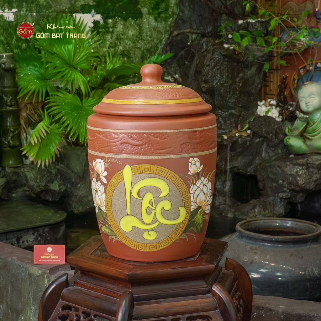Hũ Gốm Họa Tiết Hoa Sen Lộc Nắp Nhọn