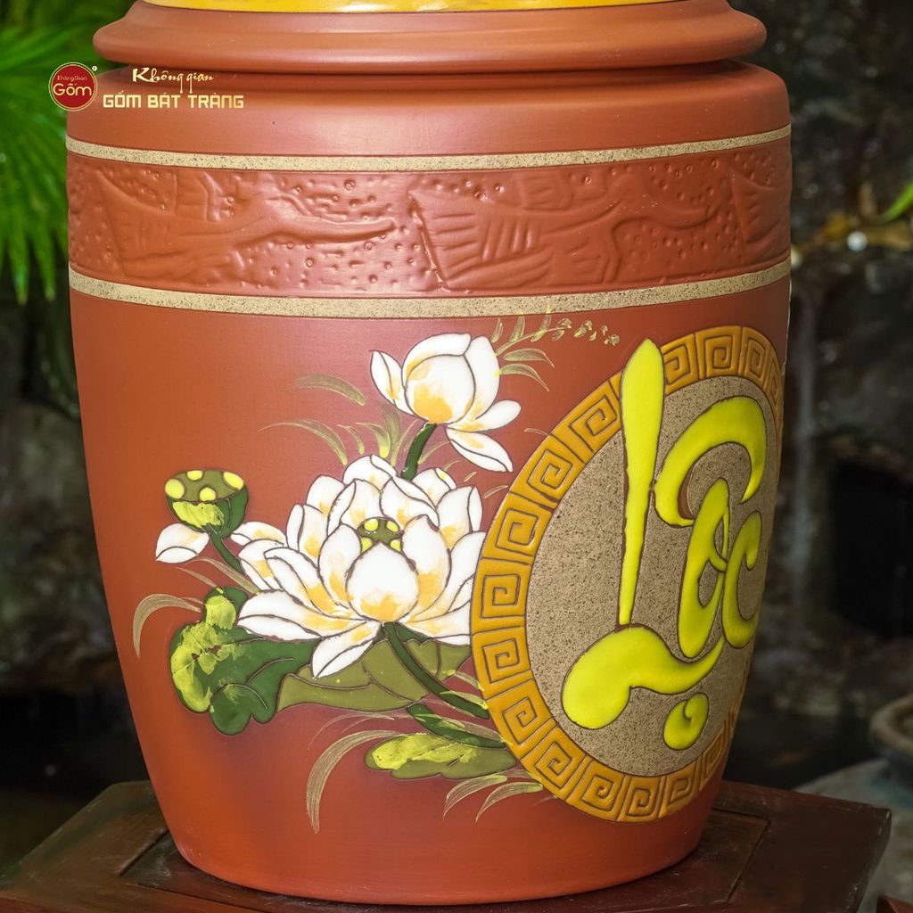 Hũ Gốm Họa Tiết Hoa Sen Lộc Nắp Nhọn