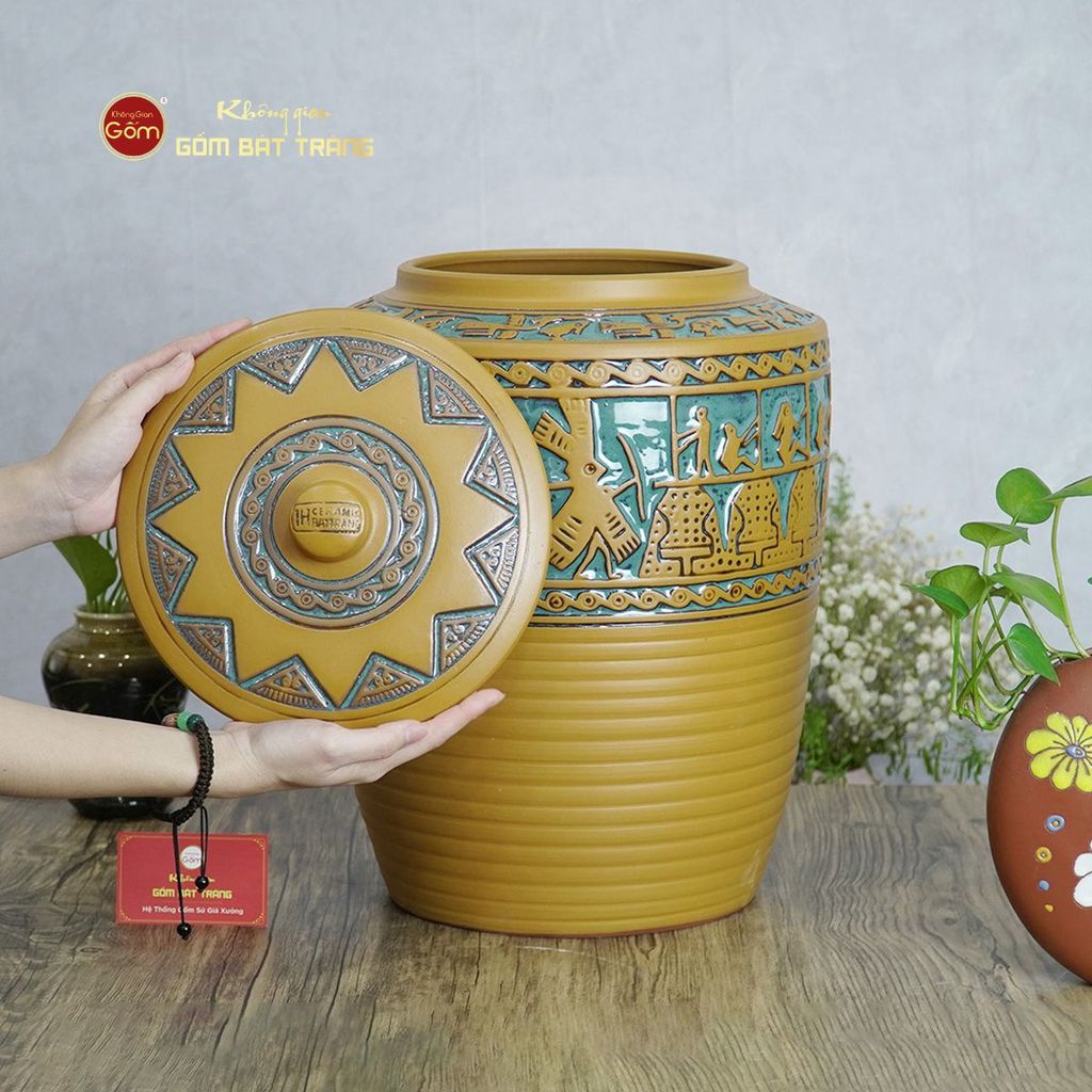 Hũ Gạo Trống Đồng Men Vàng