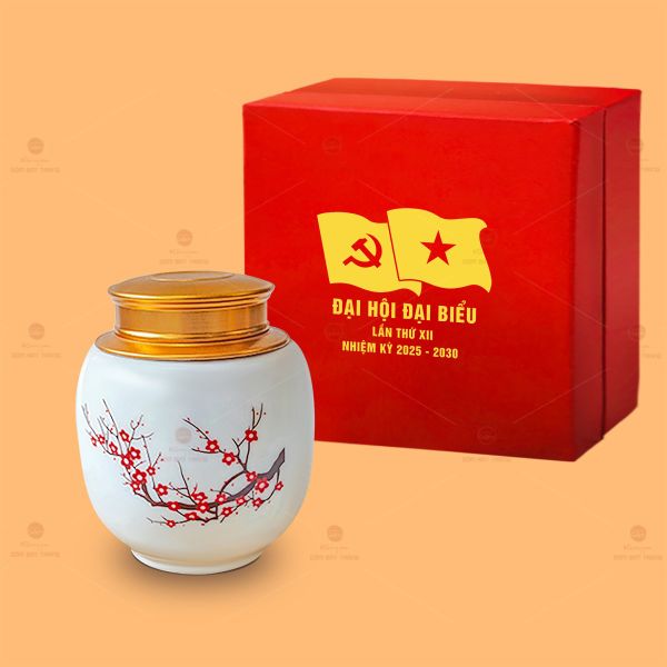 Hũ Trà Hoa Đào Đỏ Men Trắng