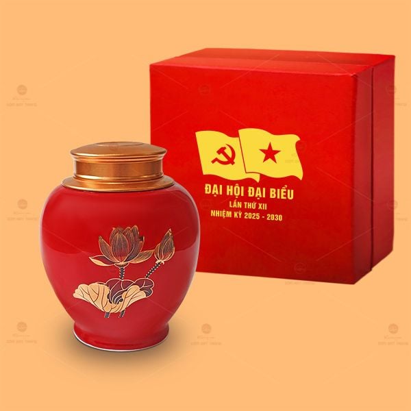 Hũ Trà Men Đỏ Sen Đỏ Vẽ Vàng