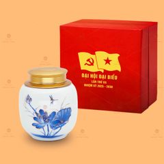 Hũ Trà Men Trắng Hoa Sen Xanh Vẽ Vàng