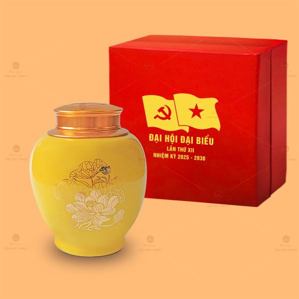Hũ Trà Men Vàng Hoa Sen Vẽ Vàng