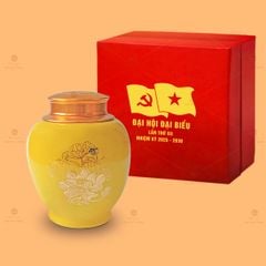 Hũ Trà Men Vàng Hoa Sen Vẽ Vàng