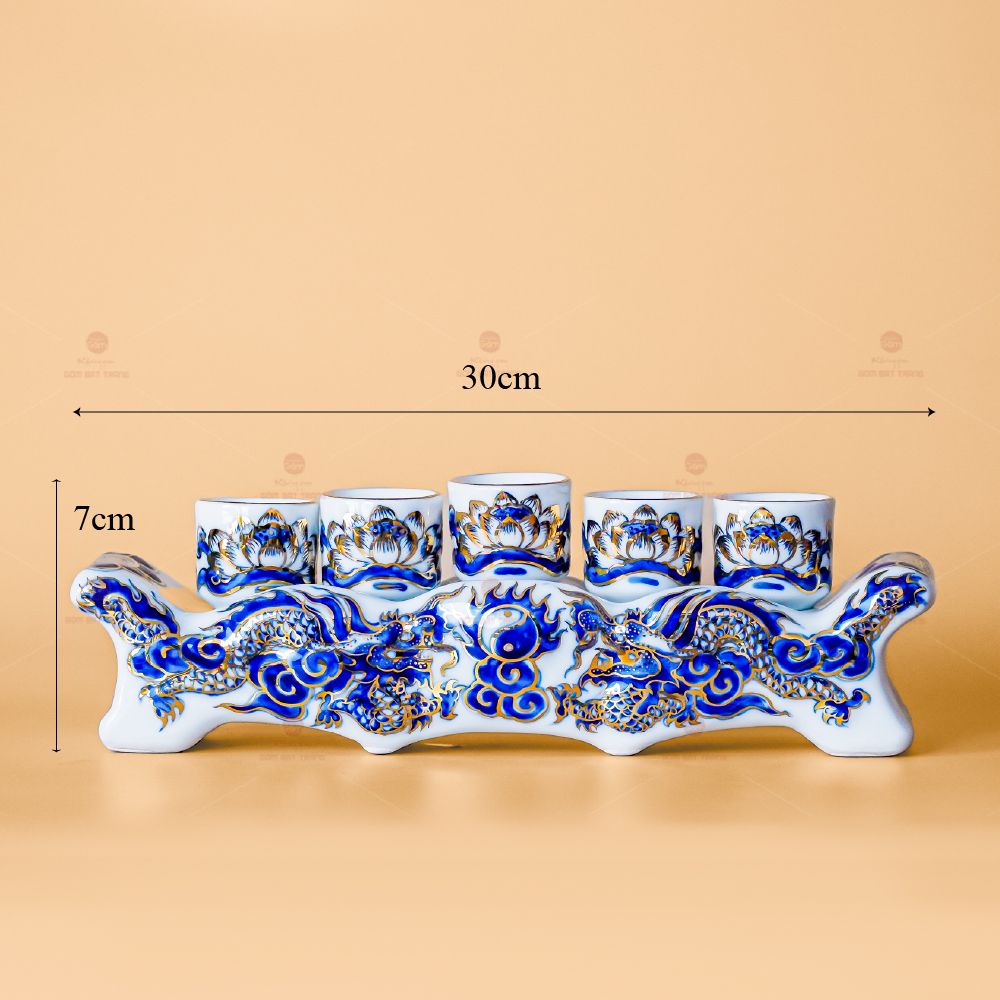 Kỷ Ngai 5 Chén Thờ Men Lam Nổi Vẽ Vàng Kim