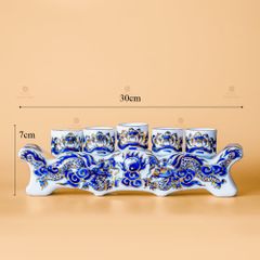 Kỷ Ngai 5 Chén Thờ Men Lam Nổi Vẽ Vàng Kim