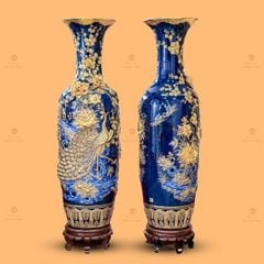 Lộc Bình Công Đào Men Xanh Coban Đắp Nổi Dát Vàng