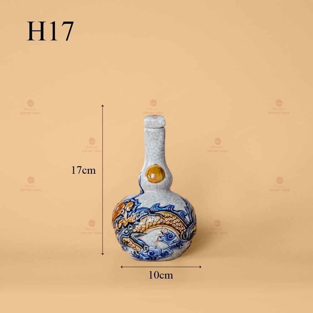 Nậm Rươu Hai Bầu Men Rạn Nổi Họa Tiết Rồng Chầu Nhật