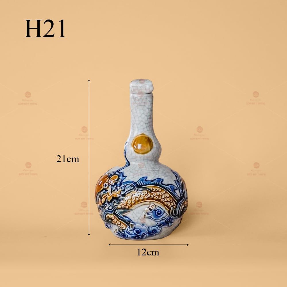 Nậm Rươu Hai Bầu Men Rạn Nổi Họa Tiết Rồng Chầu Nhật