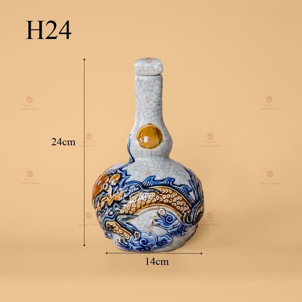 Nậm Rươu Hai Bầu Men Rạn Nổi Họa Tiết Rồng Chầu Nhật