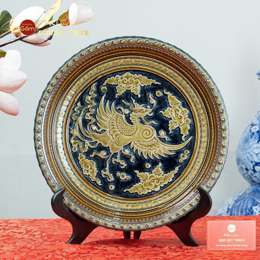 Đĩa Trưng Bày Đắp Nổi Nền Xanh Phượng Hoàng Tung Cánh