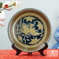 Đĩa Trưng Bày Đắp Nổi Nền Xanh Phượng Hoàng Tung Cánh