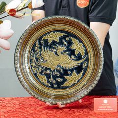 Đĩa Trưng Bày Đắp Nổi Nền Xanh Phượng Hoàng Tung Cánh