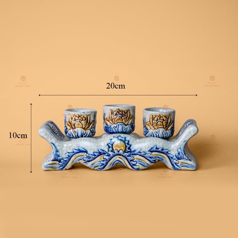 Kỷ Ngai 3 Chén Thờ Men Rạn Nổi Họa Tiết Hoa Sen