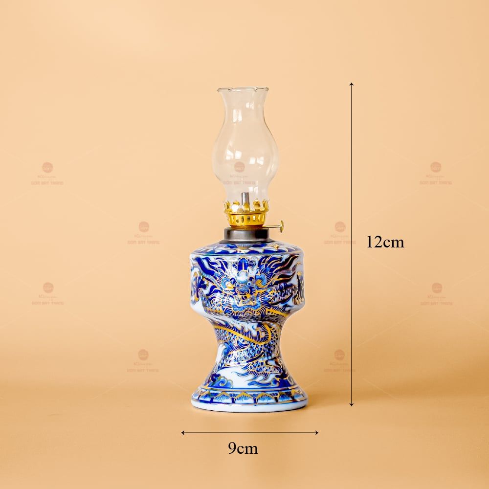 Đèn Dầu Thờ Độc Long Men Lam Nổi Vẽ Vàng Kim
