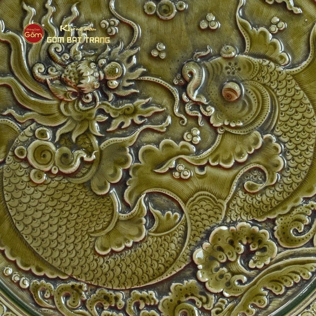 Đĩa Trưng Bày Đắp Nổi Cá Chép Hóa Rồng