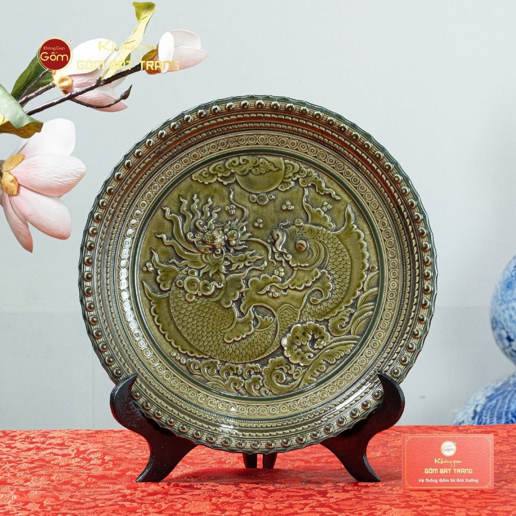 Đĩa Trưng Bày Đắp Nổi Cá Chép Hóa Rồng