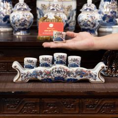 Kỷ Ngai 5 Chén Thờ Men Lam Vẽ Vàng Họa Tiết Hoa Sen