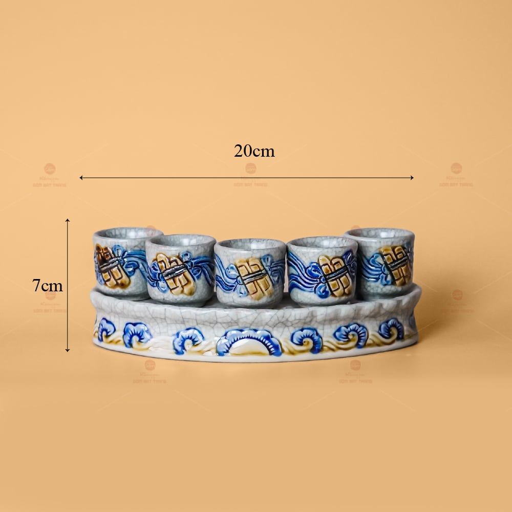 Kỷ 5 Chén Thờ Men Rạn Nổi Họa Tiết Cuốn Thư