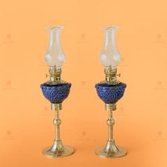 Đèn Dầu Thờ Chân Đồng Men Lam Khắc Nổi Hoa