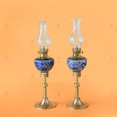 Đèn Dầu Thờ Men Lam Chân Đồng Vẽ Hoa Phù Dung