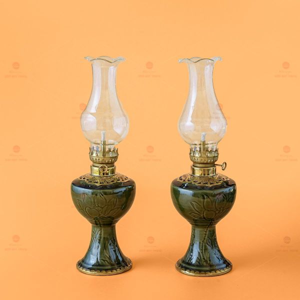 Đèn Dầu Thờ Chân Bọc Đồng Vẽ Hoa Sen