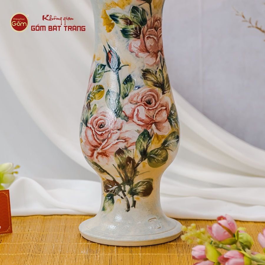 Lọ Dáng Huệ Vẽ Tay Mẫu Đơn Hồng