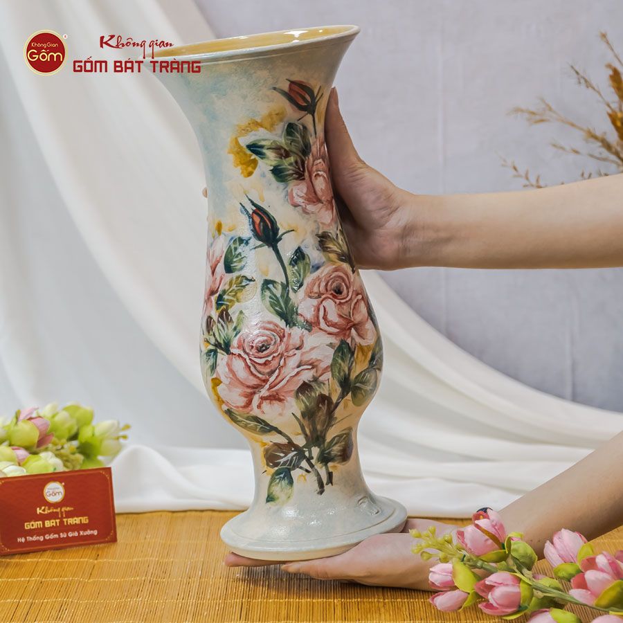 Lọ Dáng Huệ Vẽ Tay Mẫu Đơn Hồng