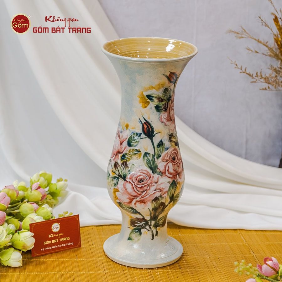 Lọ Dáng Huệ Vẽ Tay Mẫu Đơn Hồng