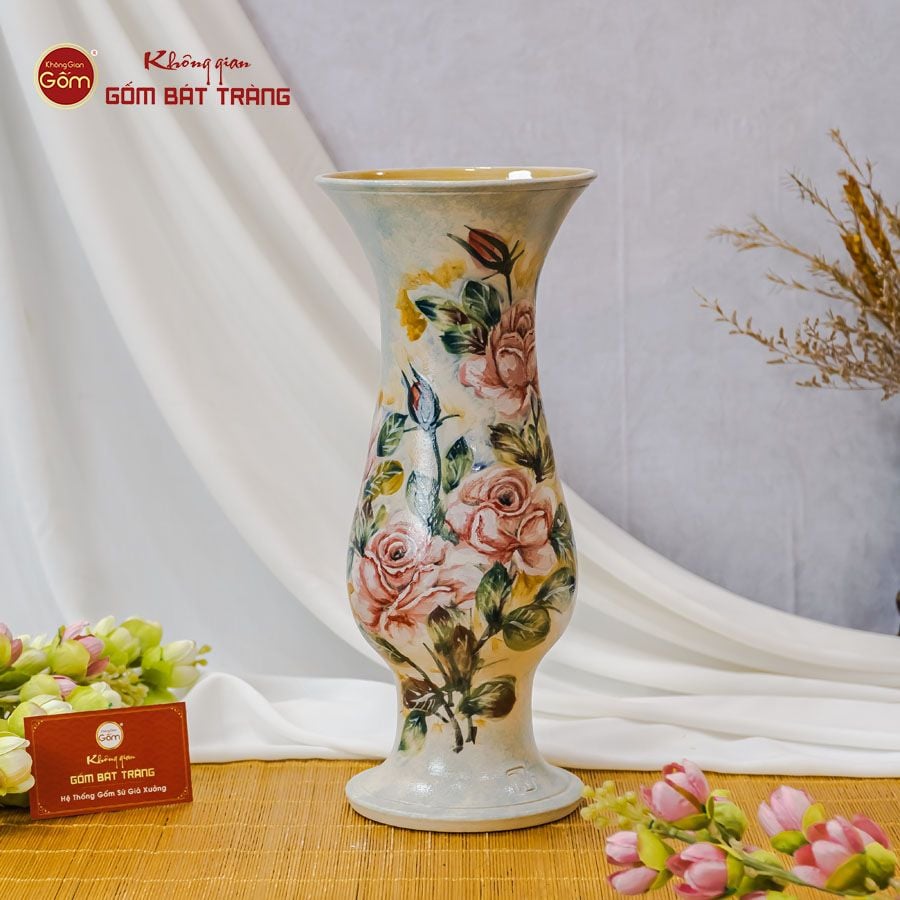 Lọ Dáng Huệ Vẽ Tay Mẫu Đơn Hồng