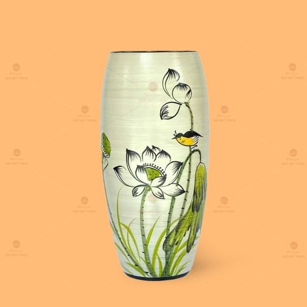 Lọ hoa dáng bom cao họa tiết hoa sen vẽ tay