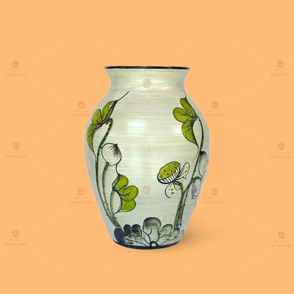 Lọ hoa dáng chóe họa tiết lá sen vẽ tay