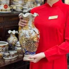 Lọ Hoa Miệng Lượn Men Rạn Vẽ Vàng Họa Tiết Công Đào