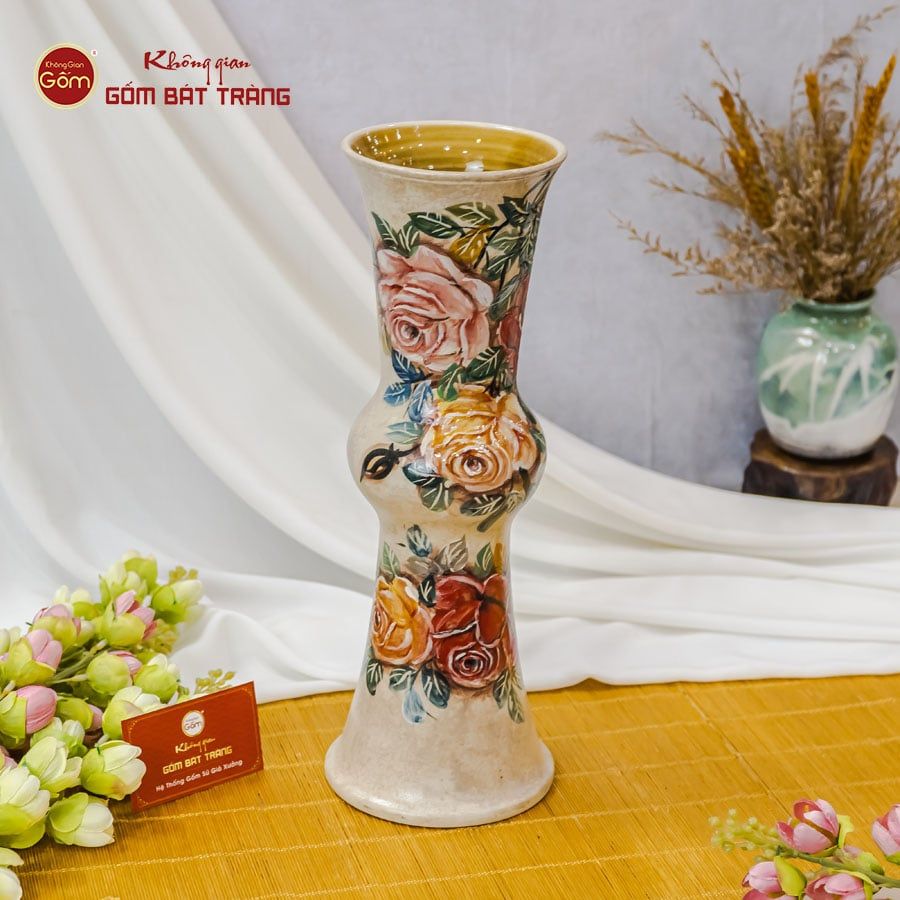 Lọ Hoa Vẽ Tay Ống Hồng Vàng