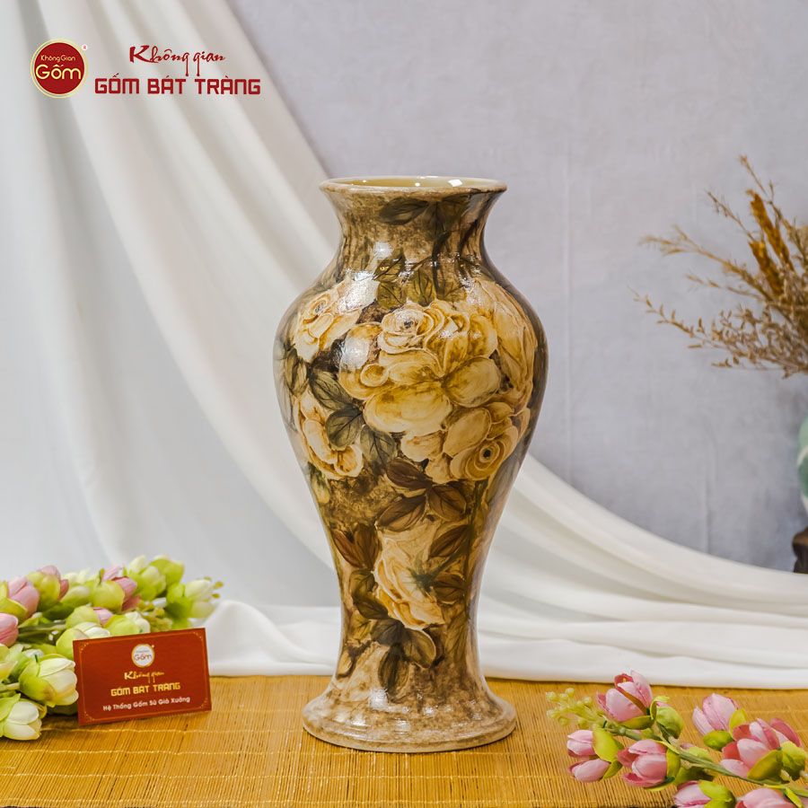 Lọ Hoa Vẽ Tay Phù Dung Vàng