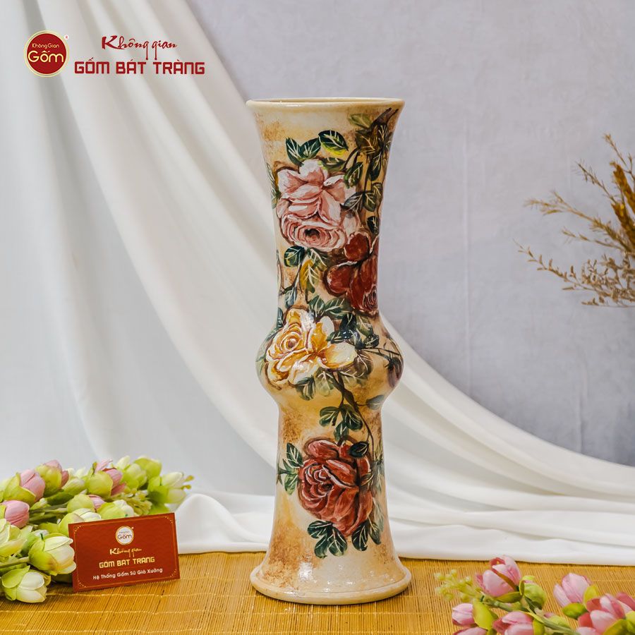 Lọ Hoa Vẽ Tay Vẽ Hoa Hồng Dáng Ống