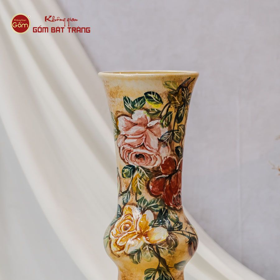 Lọ Hoa Vẽ Tay Vẽ Hoa Hồng Dáng Ống