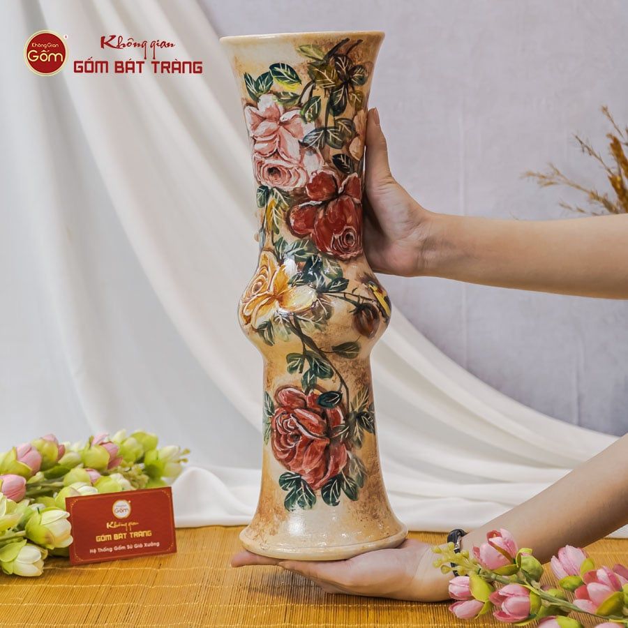 Lọ Hoa Vẽ Tay Vẽ Hoa Hồng Dáng Ống