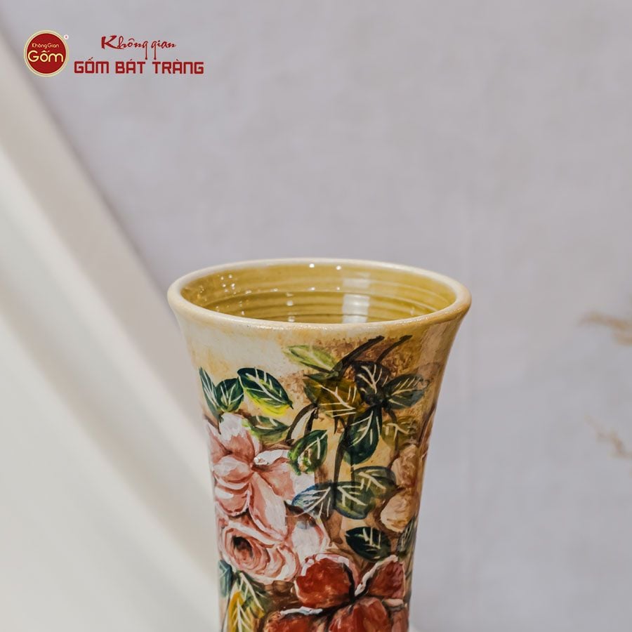 Lọ Hoa Vẽ Tay Vẽ Hoa Hồng Dáng Ống