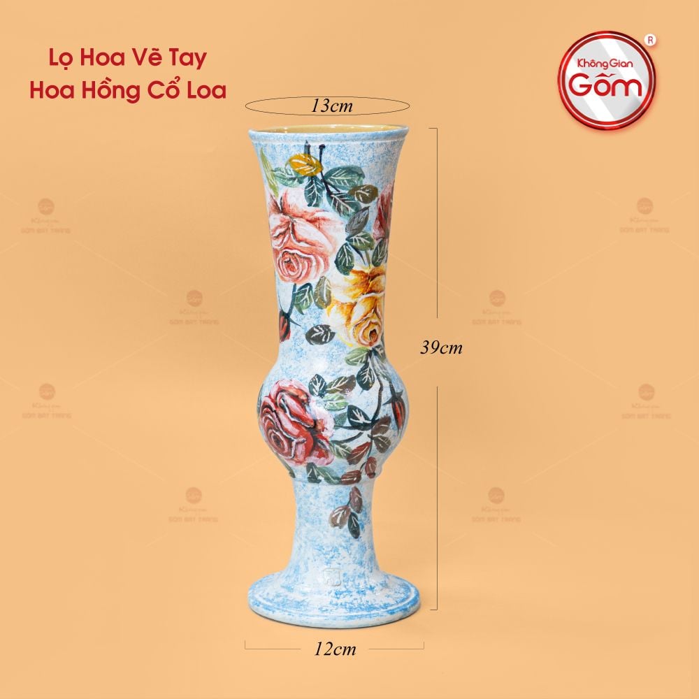 Lọ Hoa Vẽ Tay Hoa Hồng Cổ Loa