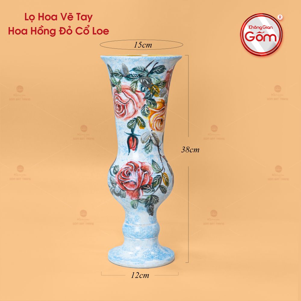 Lọ Hoa Vẽ Tay Hoa Hồng Đỏ Cổ Loe