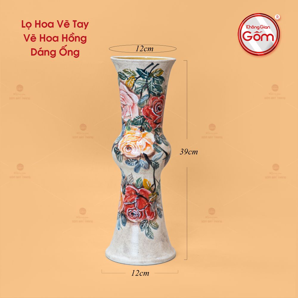 Lọ Hoa Vẽ Tay Ống Hồng Vàng