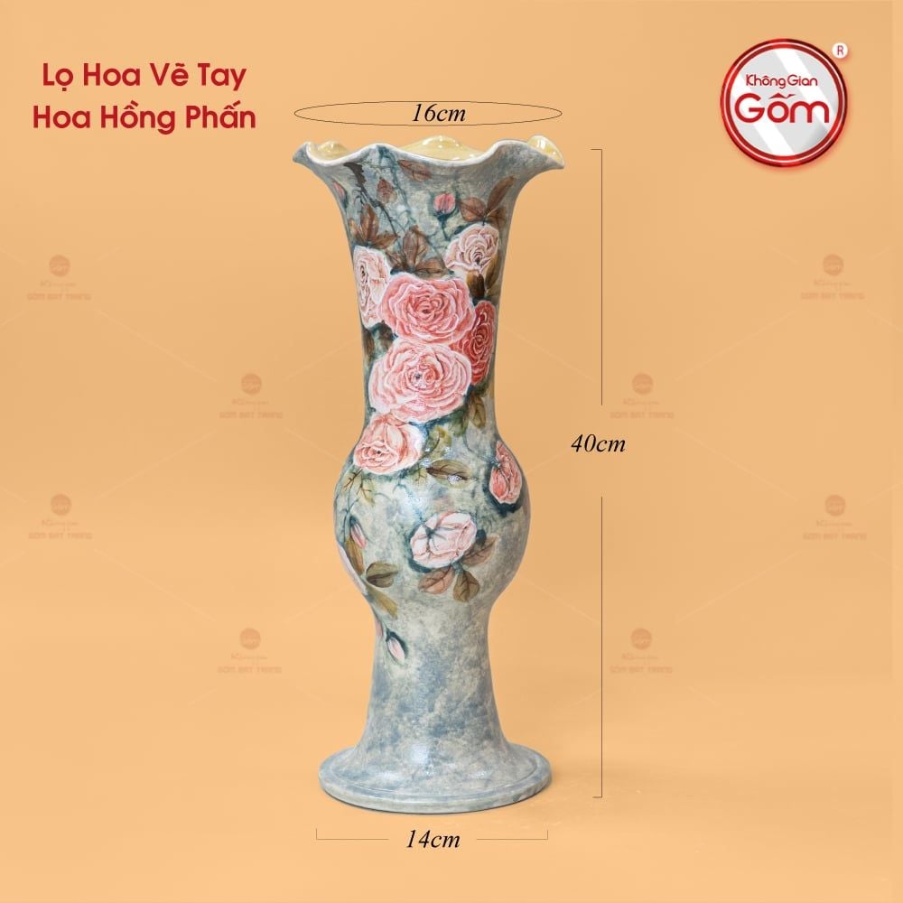 Lọ Hoa Vẽ Tay Hoa Hồng Phấn