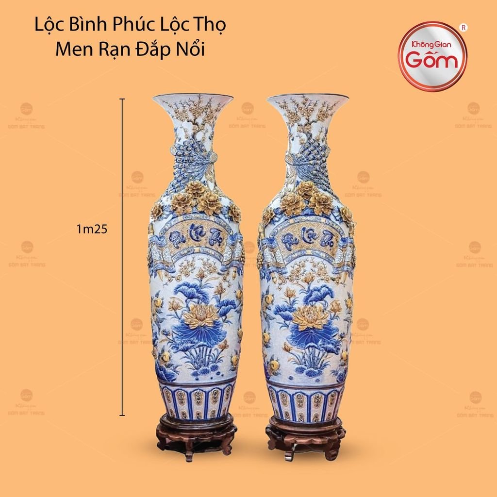 Lộc Bình Phúc Lộc Thọ Men Rạn Đắp Nổi