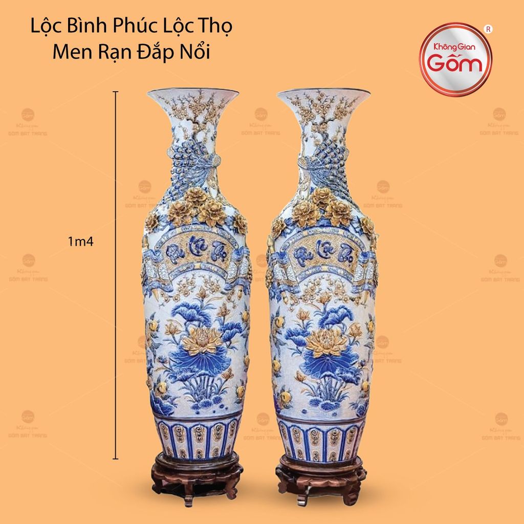 Lộc Bình Phúc Lộc Thọ Men Rạn Đắp Nổi