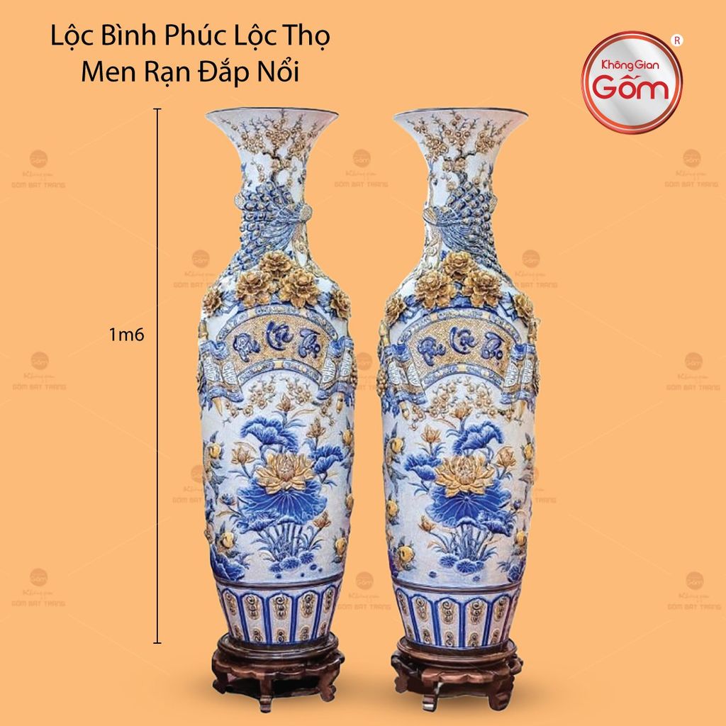 Lộc Bình Phúc Lộc Thọ Men Rạn Đắp Nổi