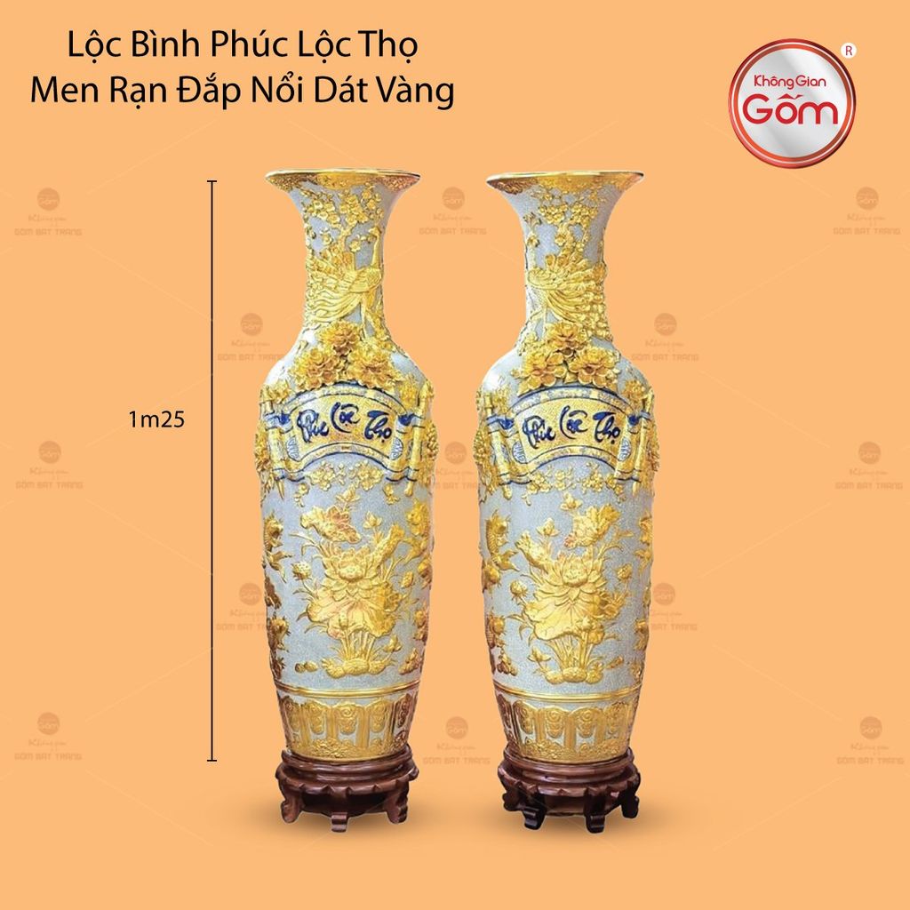 Lộc Bình Phúc Lộc Thọ Men Rạn Đắp Nổi Dát Vàng