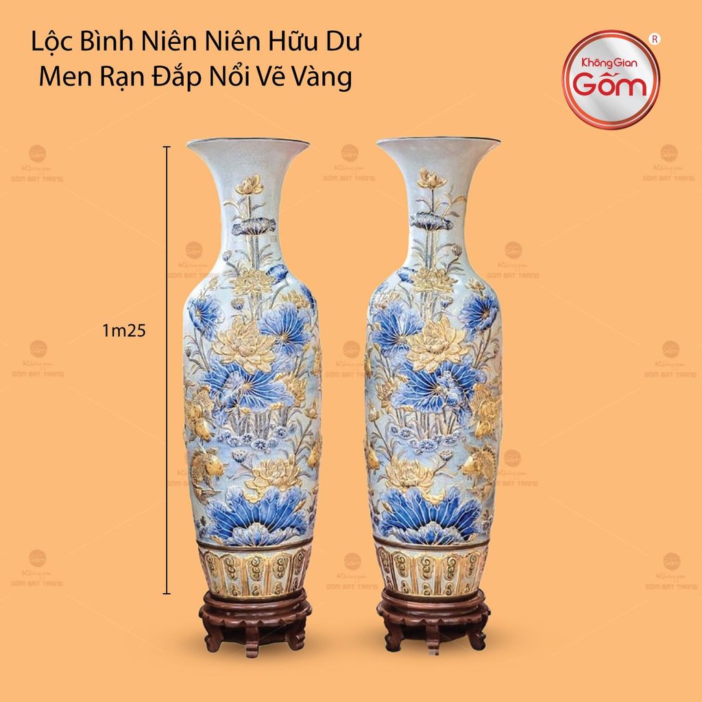 Lộc Bình Niên Niên Hữu Dư Men Rạn Đắp Nổi Vẽ Vàng