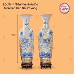 Lộc Bình Niên Niên Hữu Dư Men Rạn Đắp Nổi Vẽ Vàng