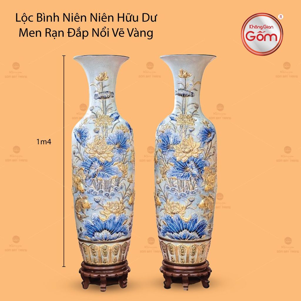 Lộc Bình Niên Niên Hữu Dư Men Rạn Đắp Nổi Vẽ Vàng